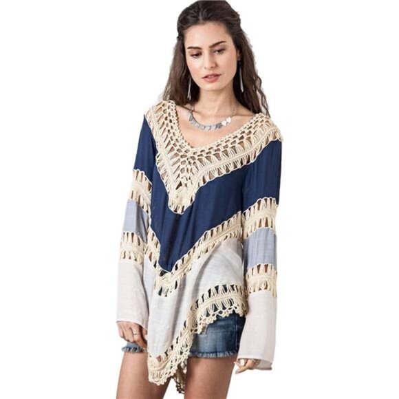 Tops - Blue Colorblock Cut Out Crochet Tunic Top Blouse Shirt Beach Swimsuit‎ Cover Up